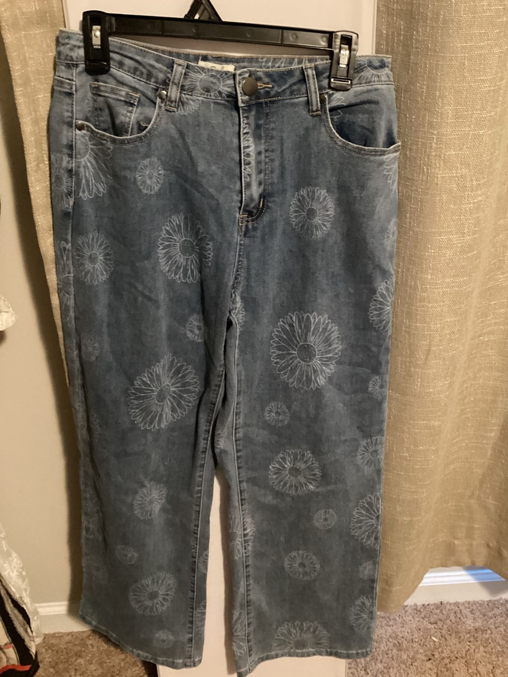 easel Relaxed Floral Print Denim Pants - Blue